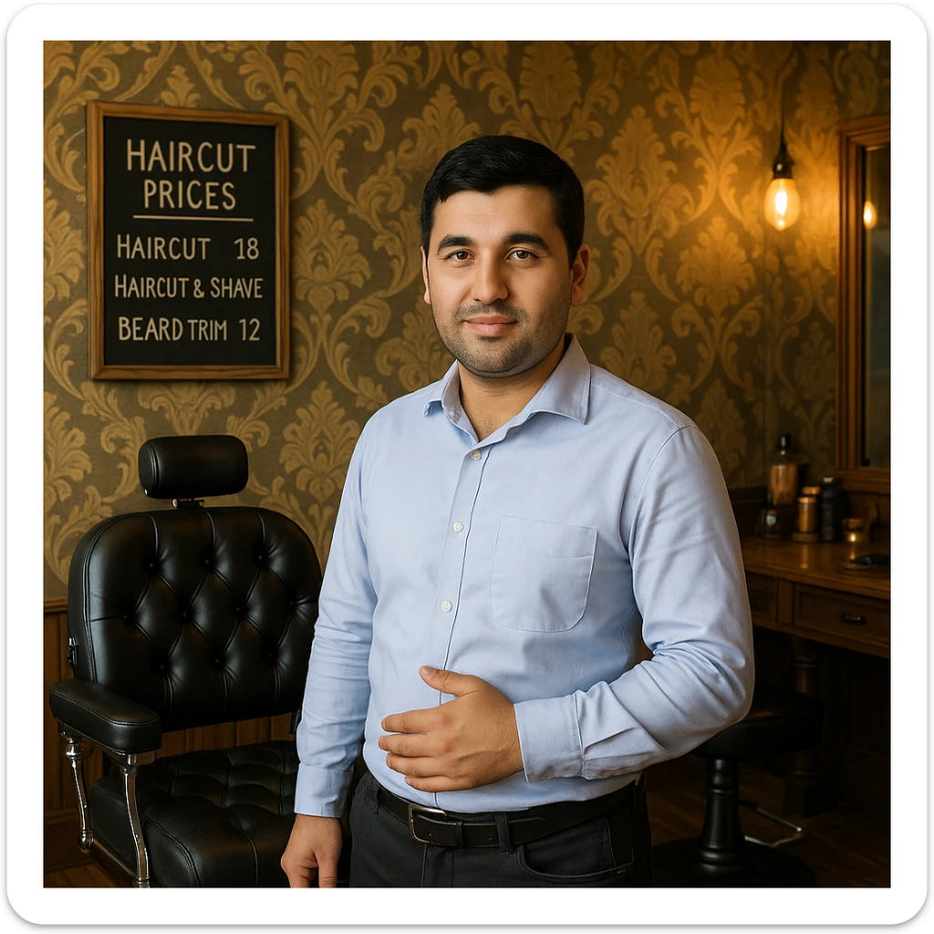 Draw me a picture of a barbershop that looks like this guy working in a barbershop. The barbershop doesn't have to be very modern. It should be on a medium floor. Also draw a blackboard on the wall. It should have the prices for haircuts there. sticker