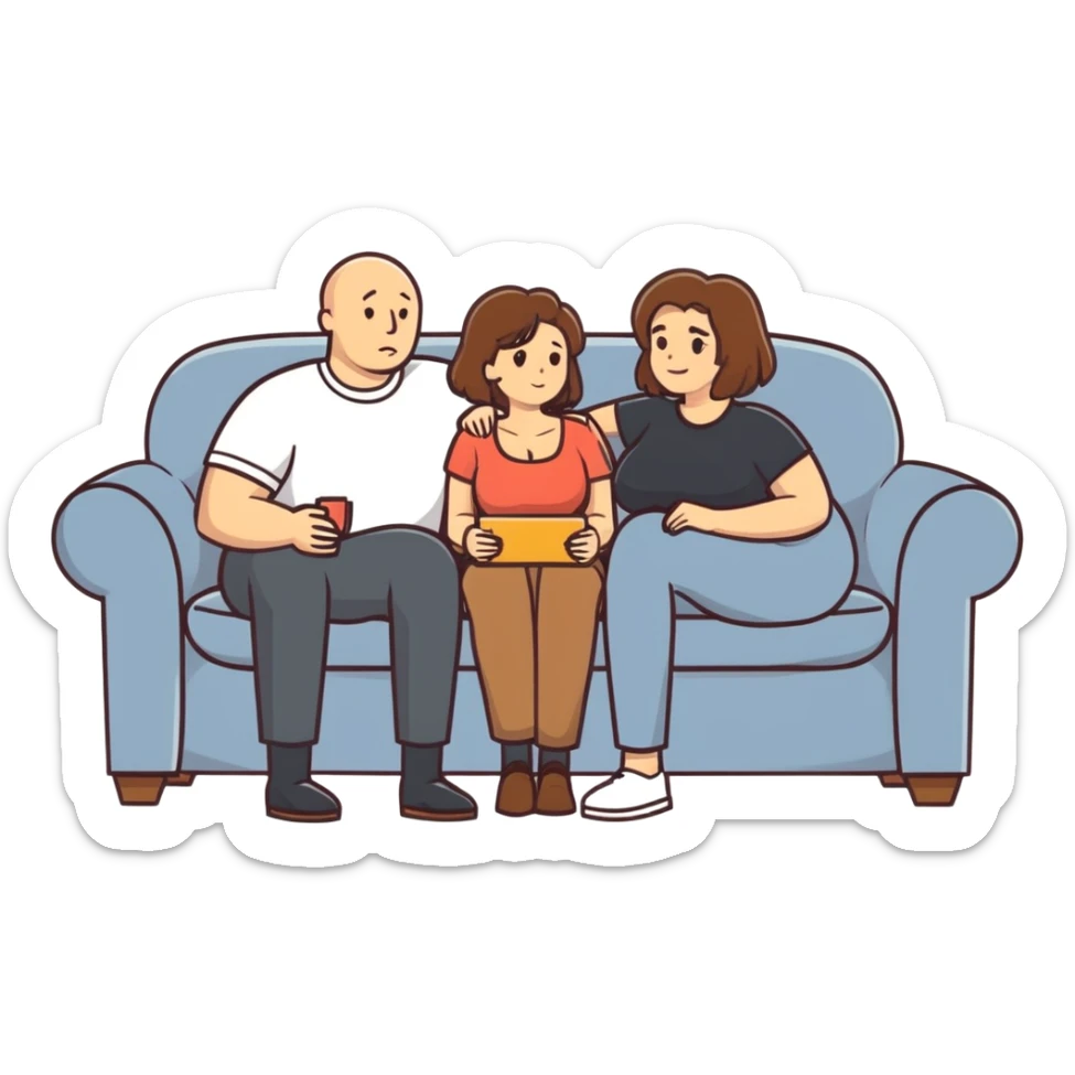 One Caucasian woman with brown hair big boobs wearing pants sitting on a couch with a bald man. sticker