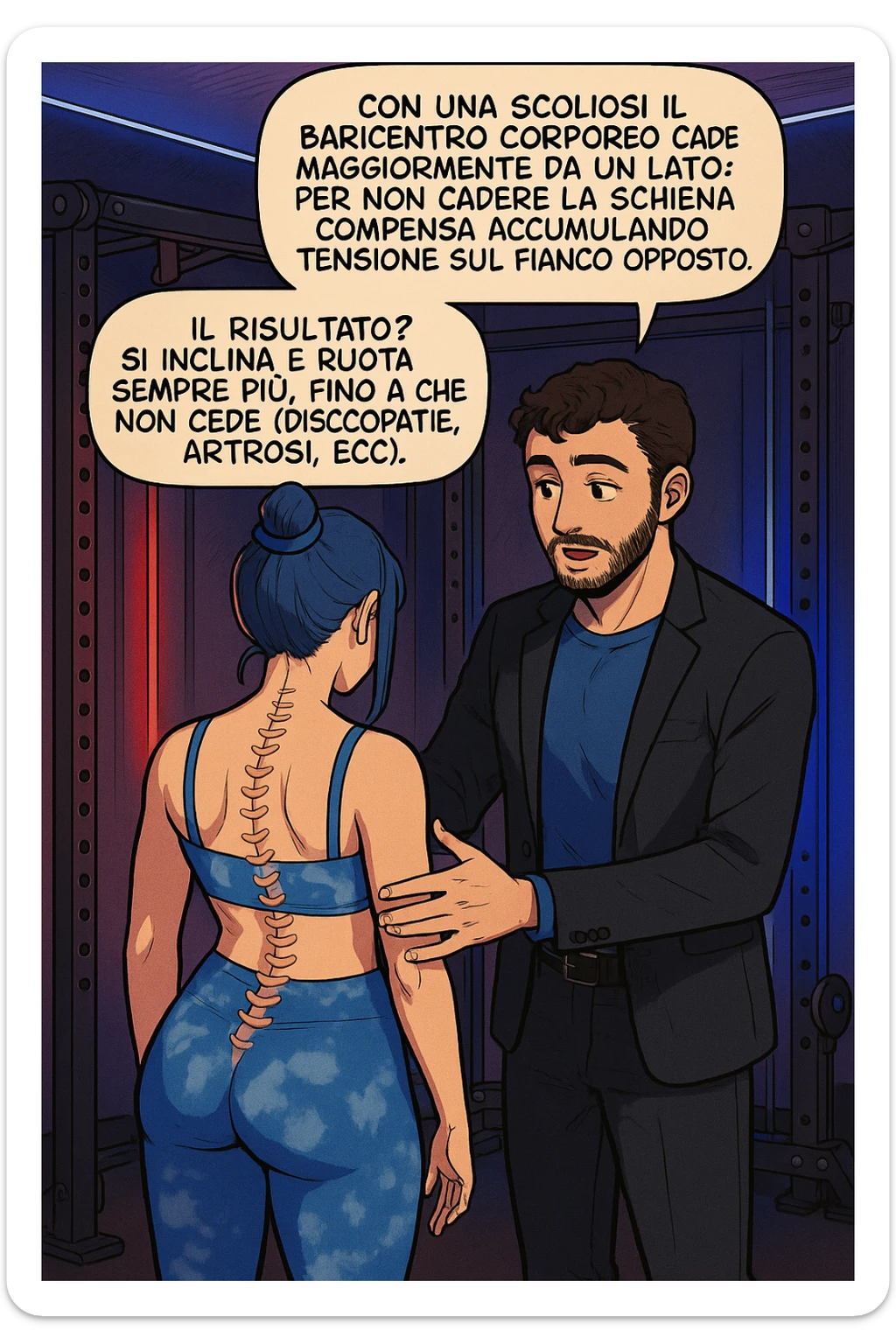 fai questa immagine in versione manga/webtoon a colori, il manga mostra la donna di spalle, mentre l'uomo le tocca la spina dorsale per spiegarle come funziona la scoliosi:
Con una scoliosi il baricentro corporeo cade maggiormente da un lato; per non cadere la schiena compensa accumulando tensione sul fianco opposto.
Il risultato? Si inclina e ruota sempre più, fino a che non cede (discopatie, artrosi, ecc) sticker