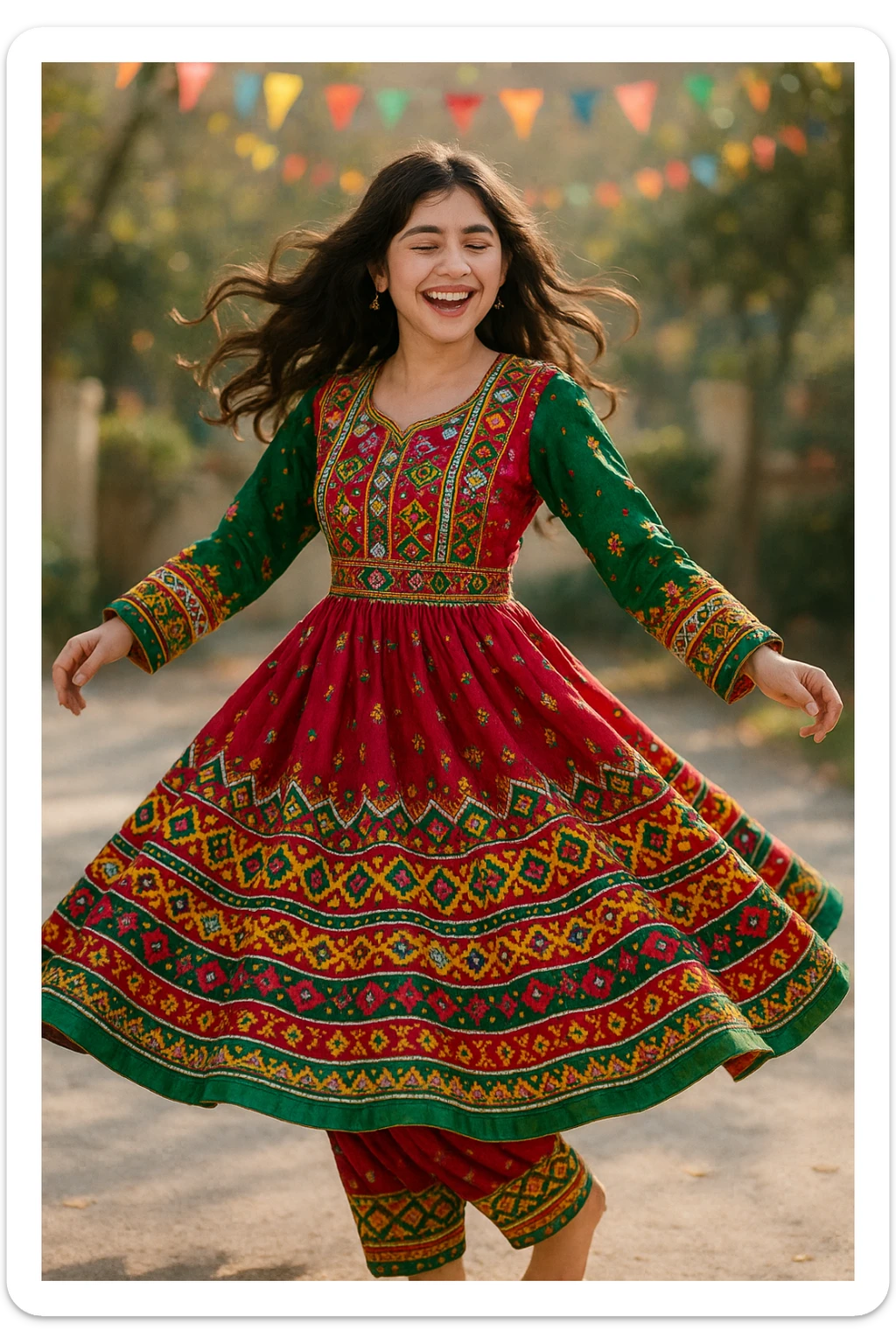 a dark brown haired girl with an Afghan dress, twirling, dress flowing, bright and festive, joyful mood sticker