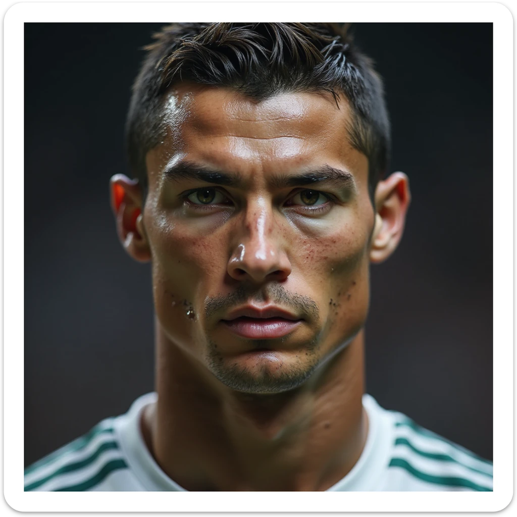realistic portrait of a football player inspired by Cristiano Ronaldo, close-up, intense expression, photorealistic style sticker