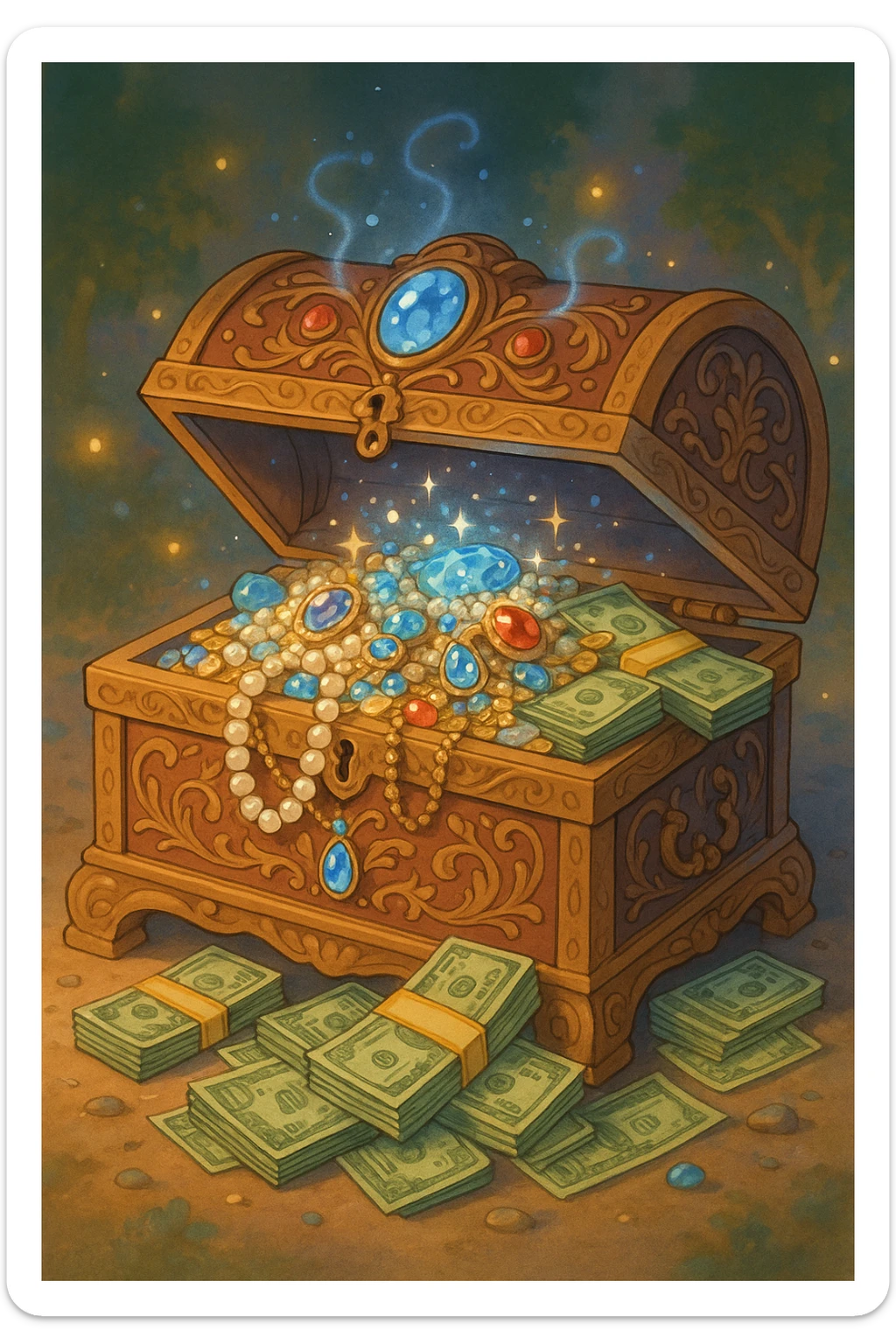 an ornate chest with sparkling jewels and cash, ghibli-inspired style sticker