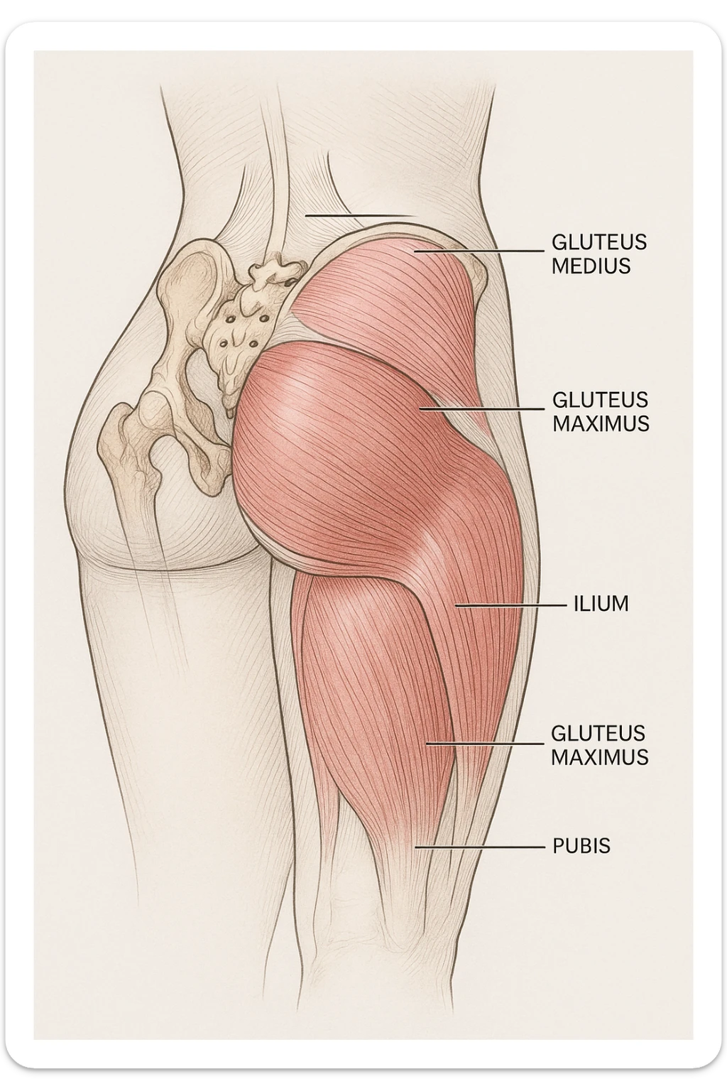 Anatomical view of the female gluteus with highlighted muscles and pelvic bones inspired by the reference photo. Render in a detailed medical style with a neutral background. sticker