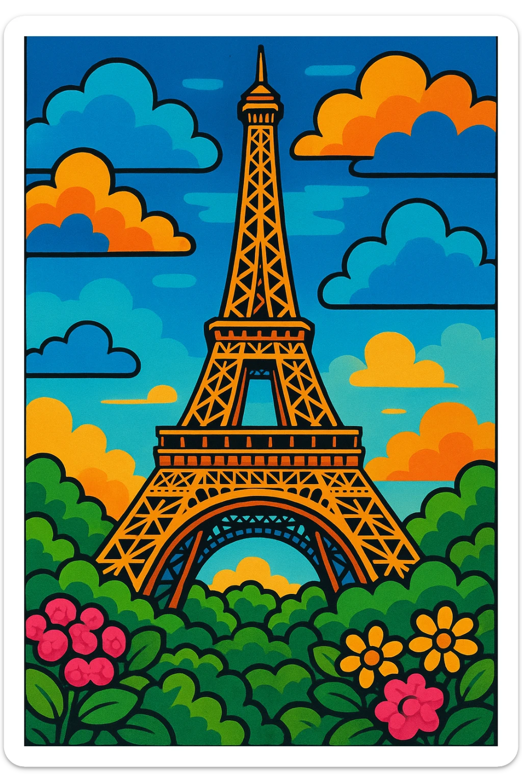 detailed and vibrant illustration of the Eiffel Tower with bushes that have pink and yellow flowers at its base sticker