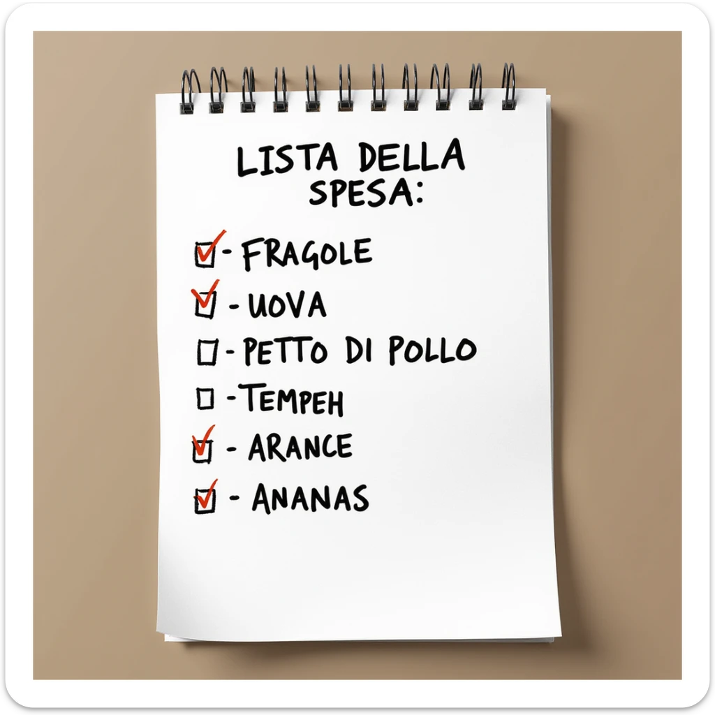 top view of a sheet of paper with handwritten shopping list in pen: 'LISTA DELLA SPESA: - FRAGOLE - UOVA - PETTO DI POLLO - Tempeh - ARANCE - ANANAS', with check marks on purchased items, hyperrealistic 4K, no background sticker