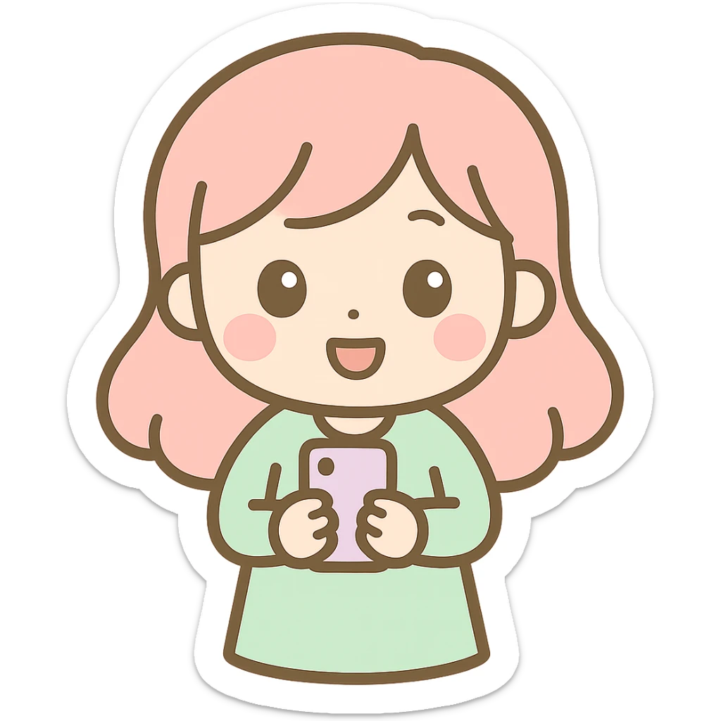 Edit the image to make the woman hold a phone and smile, keeping the kawaii chibi anime style with flat pastel colors, thick outlines, and simple cute features. Use a transparent background. sticker