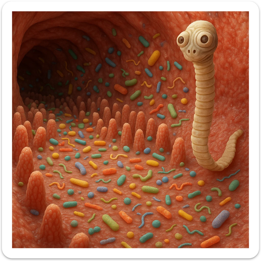 a medical illustration of a human realistic gut with bacteria and parasyte (tenia) realistic 4k real   sticker