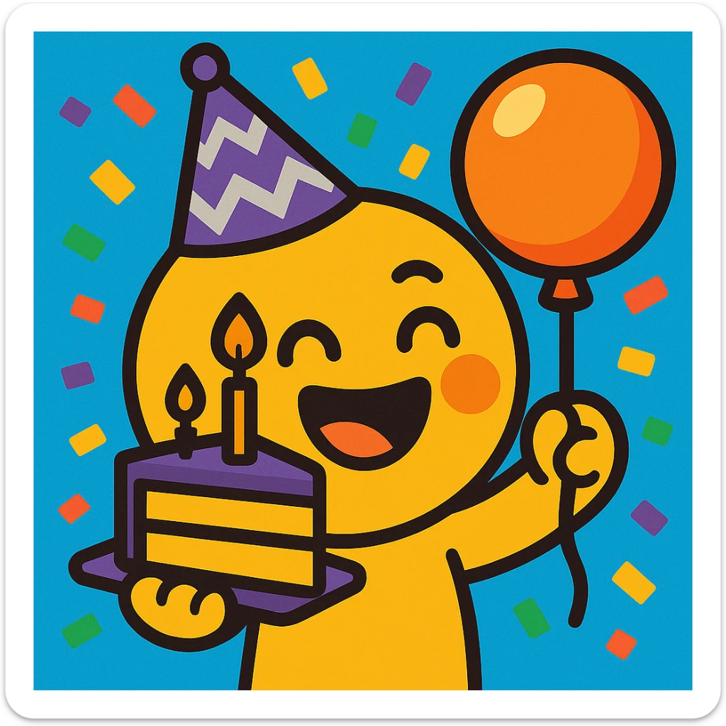Change the party hat to purple with silver zigzags, keep the rest of the emoji the same, bright cartoon style with confetti background. sticker