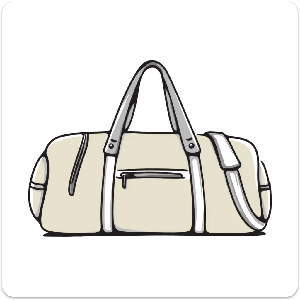 A sports duffel bag with straps and pockets in pastel colors (dd9fb0, ffc6d3, a3bfc9, c4bee2, f1b091), hand-drawn doodle style sticker