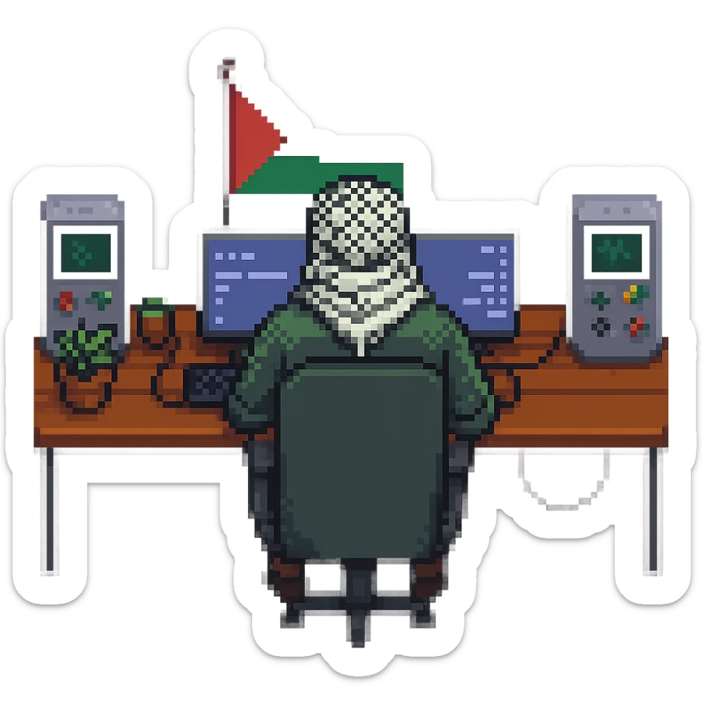 Create a pixel art style image of a man who is a Palestinian person in front of a gaming setup. Include a small Palestinian flag visible in the scene. The background should be removed, focusing on the character and the gaming setup. sticker