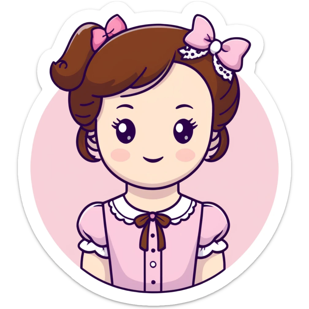 pale skin coquette girl with brown hair, pink bows, lace, pearls, dainty sticker