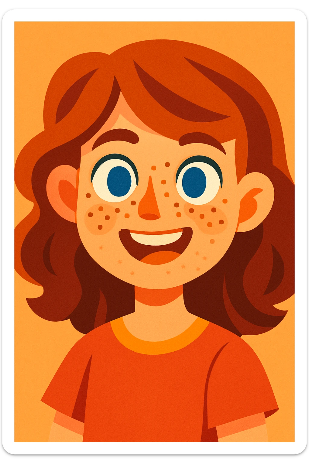 a girl with warm brown slightly wavy hair, blue eyes, and lots of freckles, vibrant cartoon style sticker