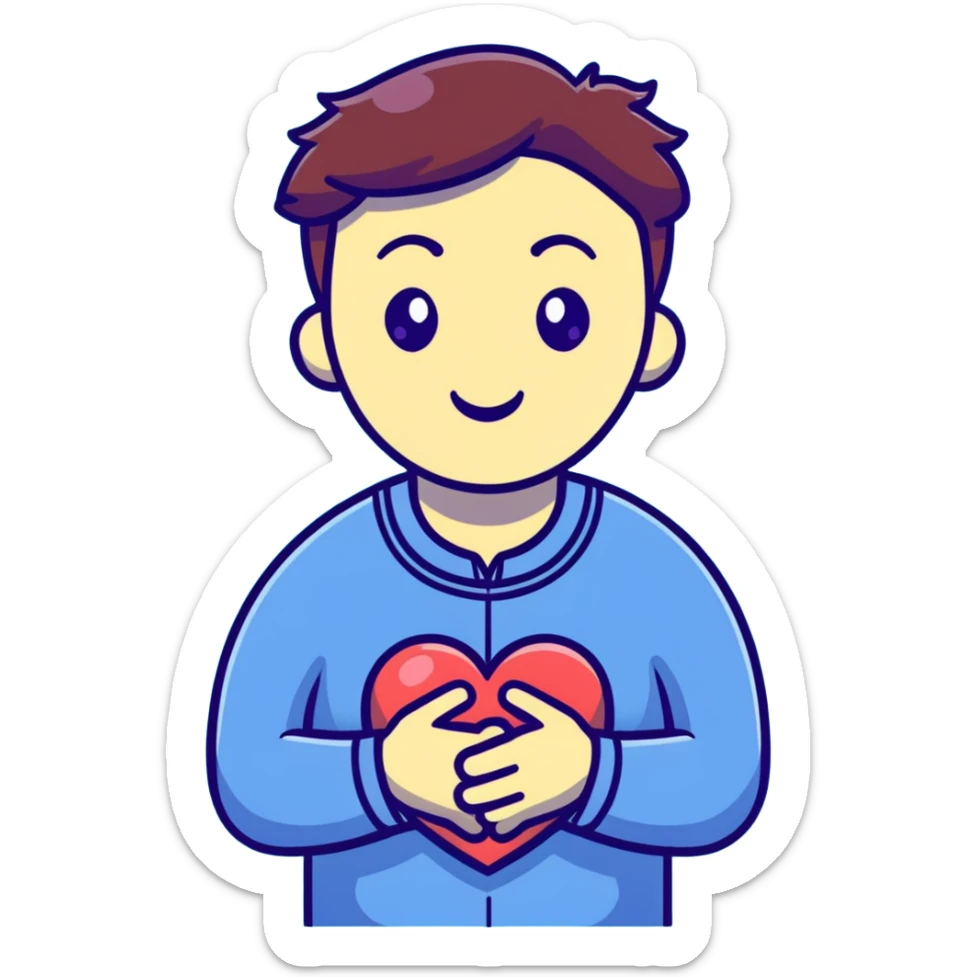 cartoon psychologist character hugging or holding a soft heart in front of chest, warm and gentle expression, pink red yellow palette sticker