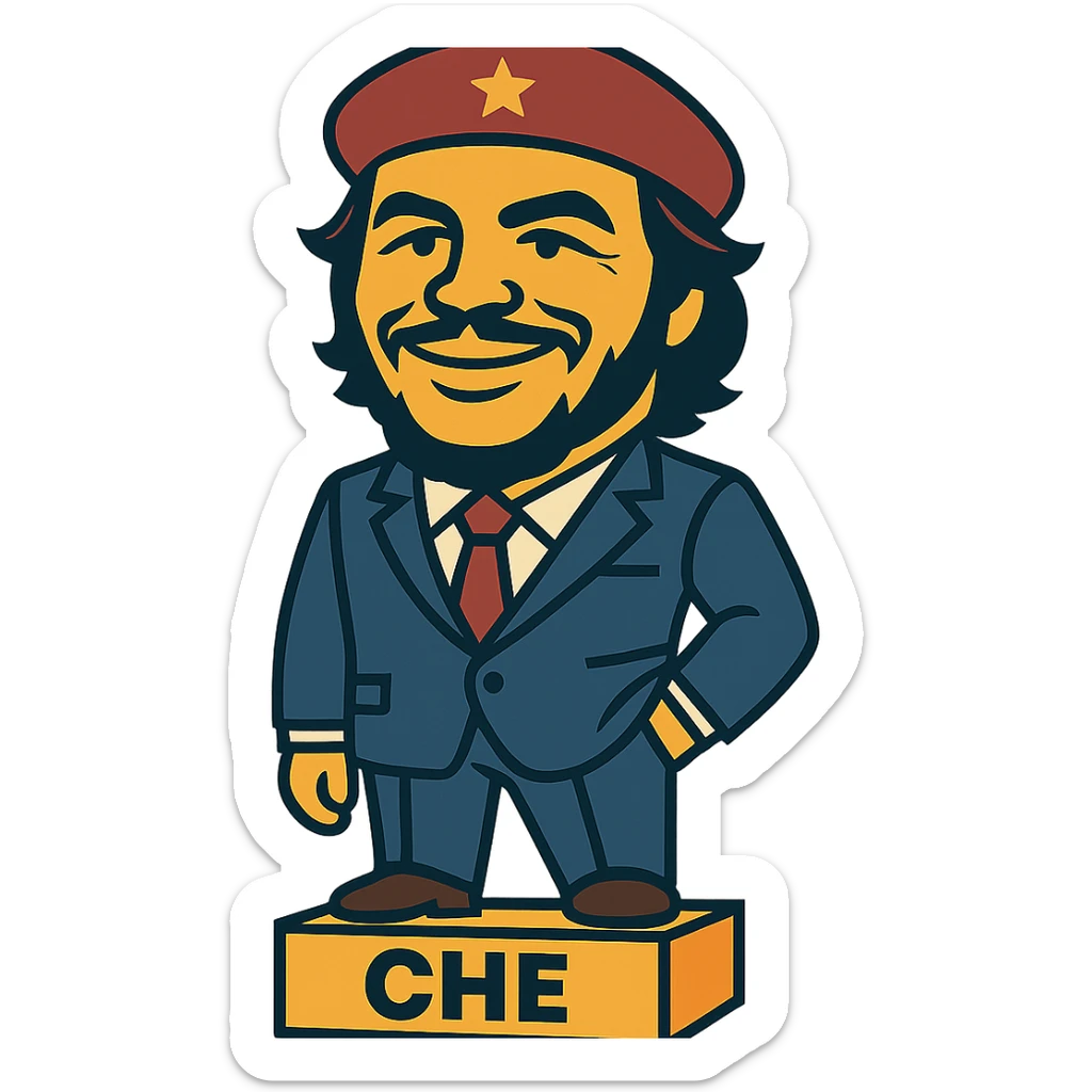 statuette of Che Guevara in a suit and tie, big head, confident smile sticker