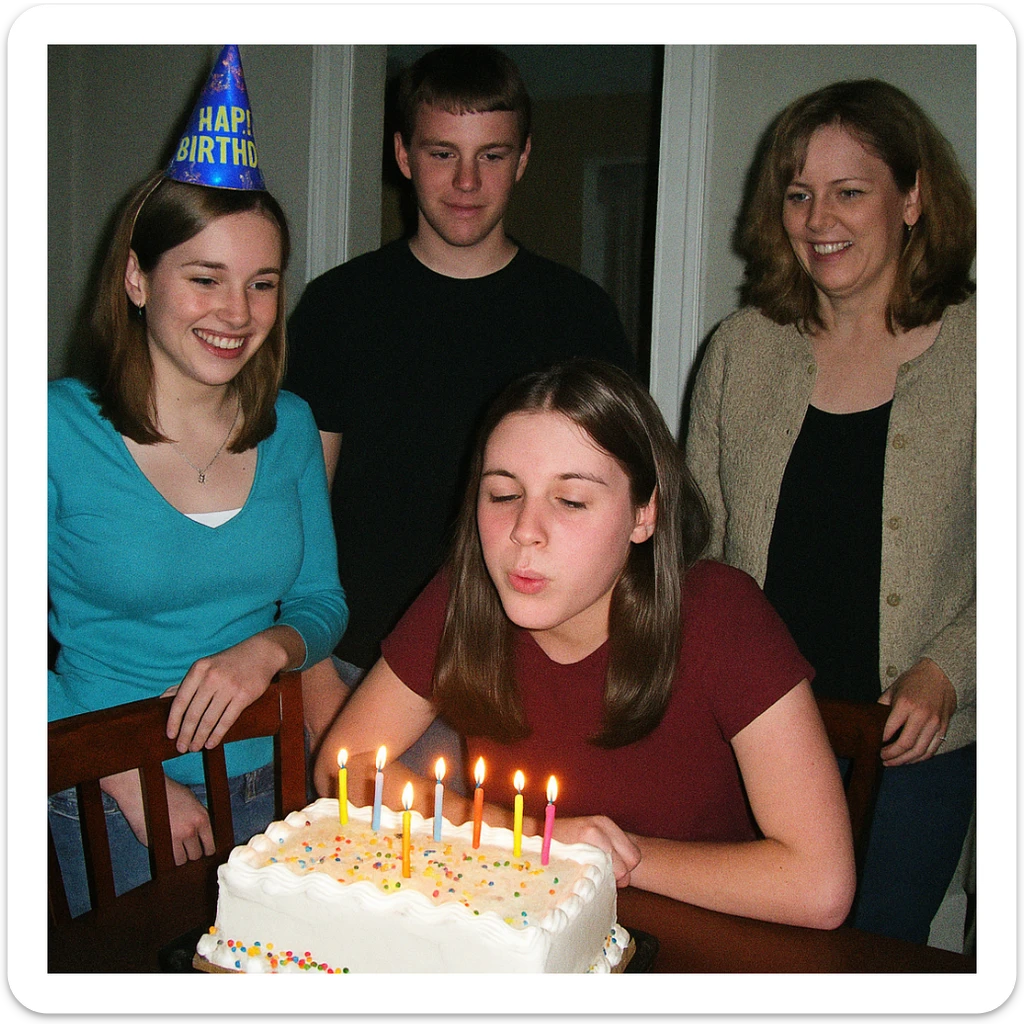 early 2000s digital camera style photograph of a birthday party, low quality, harsh flash, visible noise, candid moment, people around a cake sticker