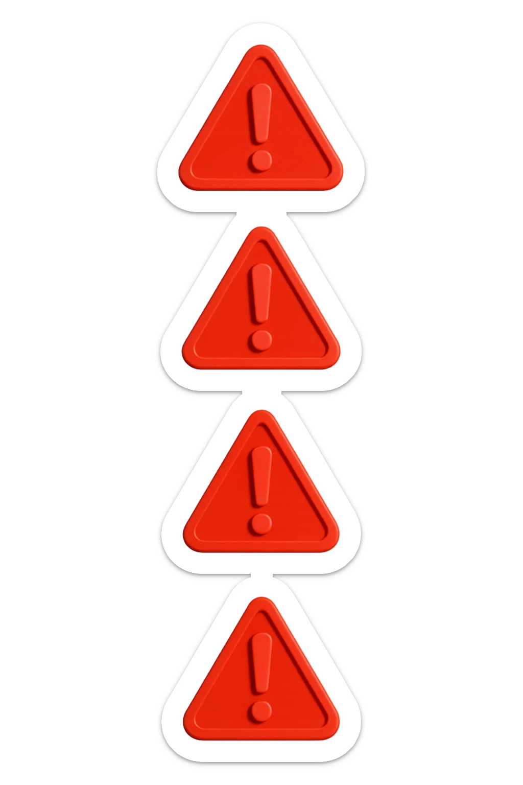 segnali di pericolo con punti esclamativi rossi fluttuano in aria verticalmente isolati su sfondo bianco sticker