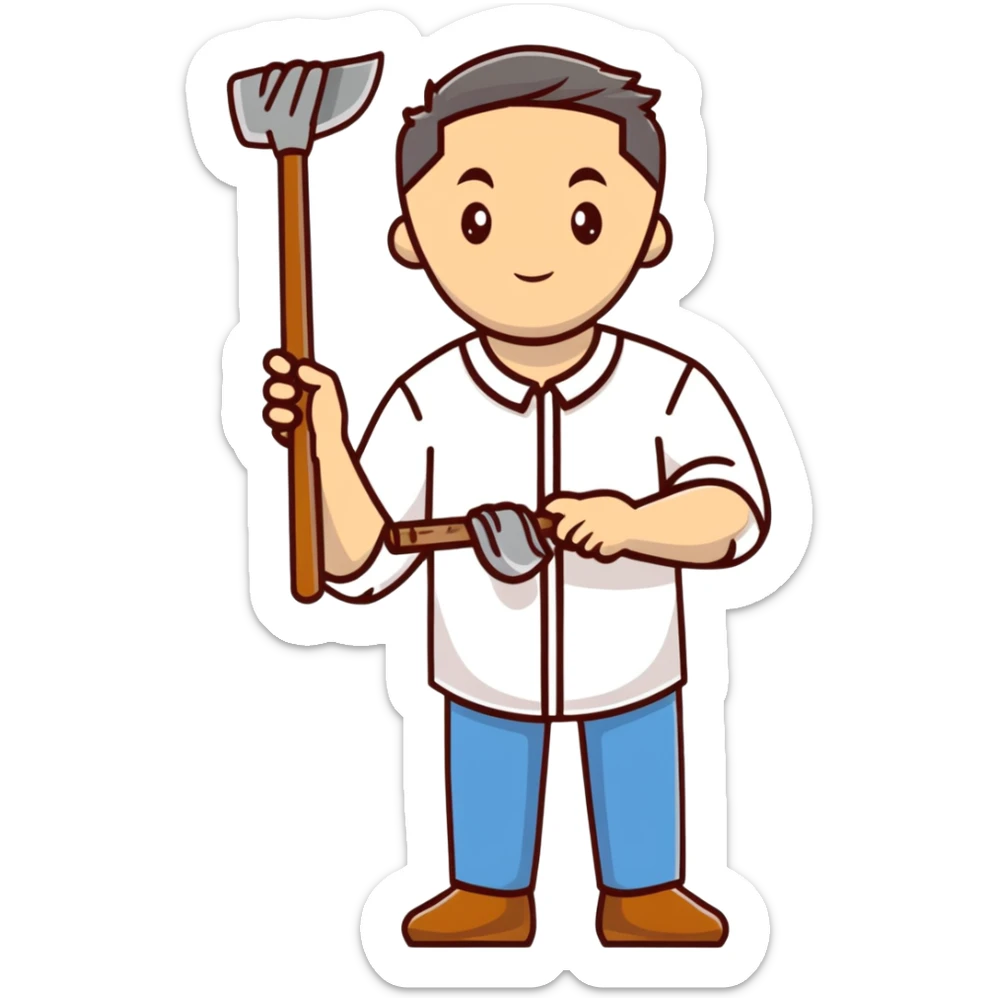 Ukrainian man wearing traditional white embroidered shirt (vyshyvanka) holding a hammer in one hand and a kitchen ladle in the other hand sticker