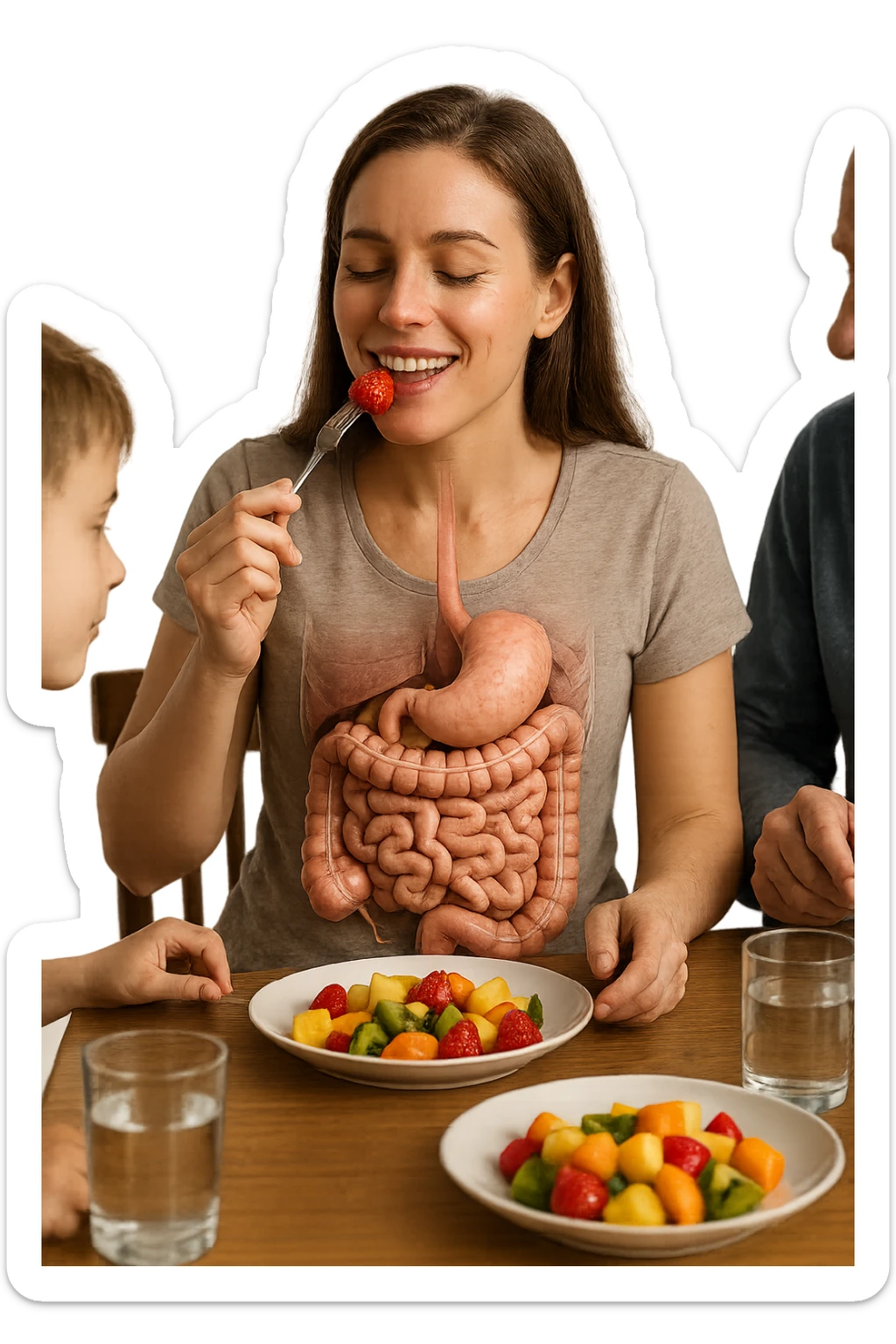 donna seduta a pranzo con la sua famiglia che mangia la frutta con intestino anatomico, iperrealistiche 4k sticker
