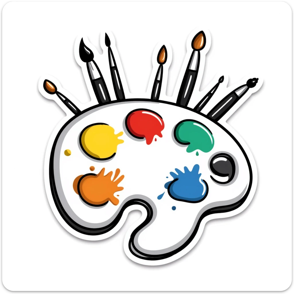 Detailed artist's palette with colorful paint blobs, palette holes, and paintbrushes. Sticker-like appearance with detailed doodle style and transparent background. sticker