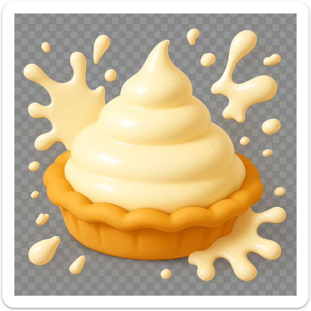 Frame 5 of 15: Intact cream pie, cream splatter growing, playful 3D emoji style, golden brown crust, same angle as reference. sticker