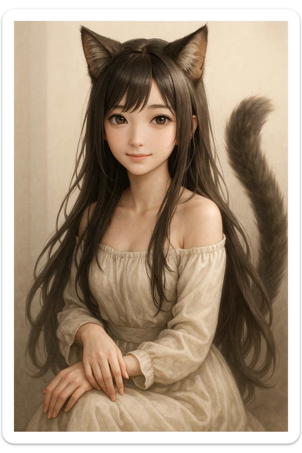 realistic anime catgirl, long hair, lifelike fur texture, gentle smile, elegant pose sticker