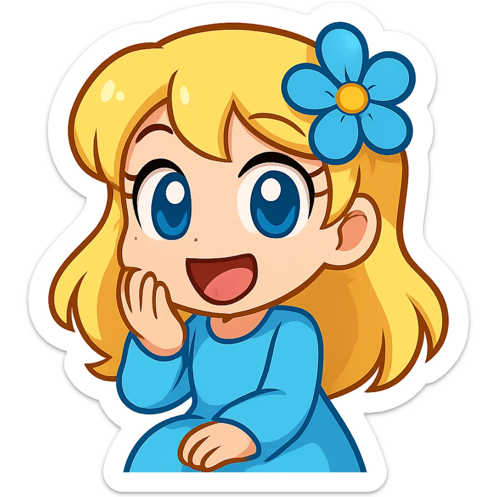 Extract the top right character with blonde hair, blue flower, and blue outfit as a fully visible, separate image with a transparent background, keeping the original chibi stickers cartoon style and appearance. sticker