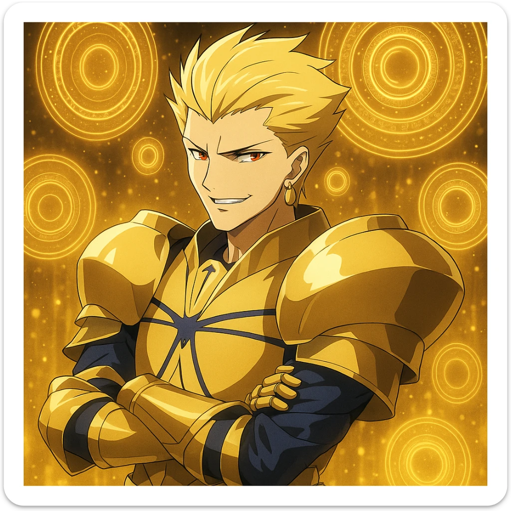 Gilgamesh from Fate anime, summoning golden portals, smirking, anime style sticker