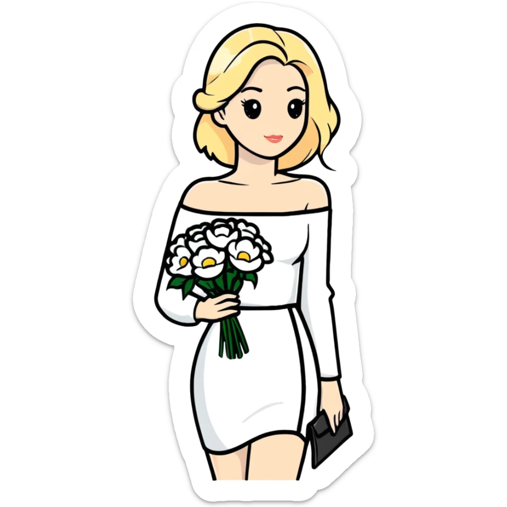 blonde woman in a white off-shoulder dress with long sleeves and a bouquet of white flowers in a white bag in her right hand sticker