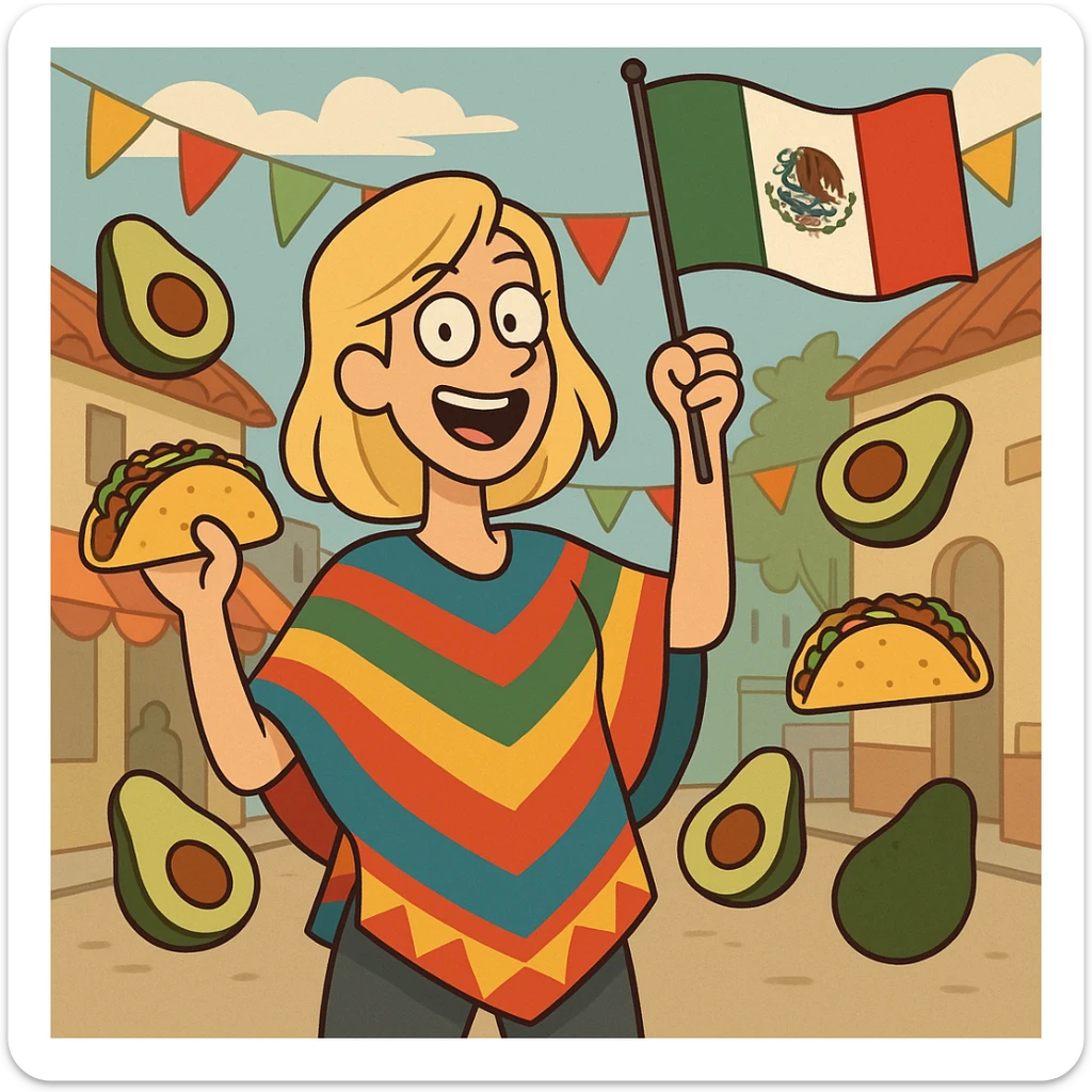 playful cartoon of a tall blonde woman wearing a colorful poncho, smiling, holding a taco and an avocado, waving a Mexico flag, surrounded by tacos and avocados, street party scene sticker