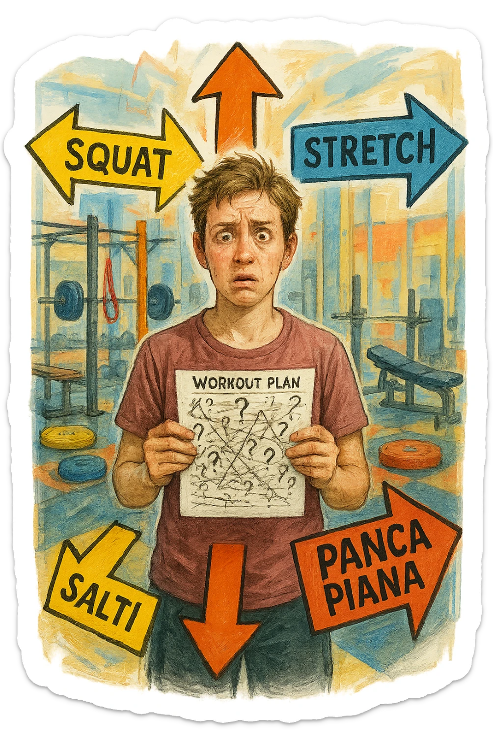 a person stands in the center of a gym, surrounded by arrows pointing in all directions, each labeled with a different exercise (e.g., “squat,” “Salti,” “stretch,” “Panca Piana”). The person looks bewildered, holding a workout plan with scribbles and question marks. The scene is colorful but visually messy, symbolizing confusion. in italiano immagine iperrealistica sticker