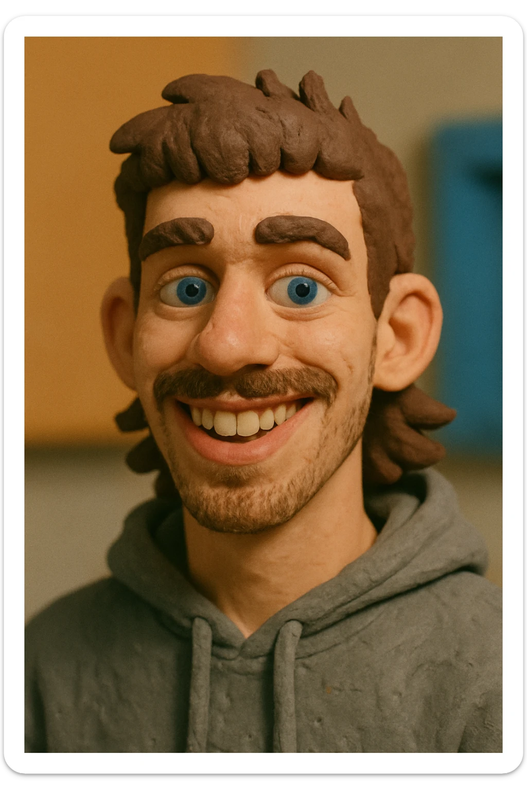 20 year old man, short scruffy beard and thin moustache, brown puffy mullet, blue eyes, big smile, white teeth, big lips, pronounced jaw, hair longer in back, sticking up on top, thin face, grey hooded sweatshirt, blue eyes sticker