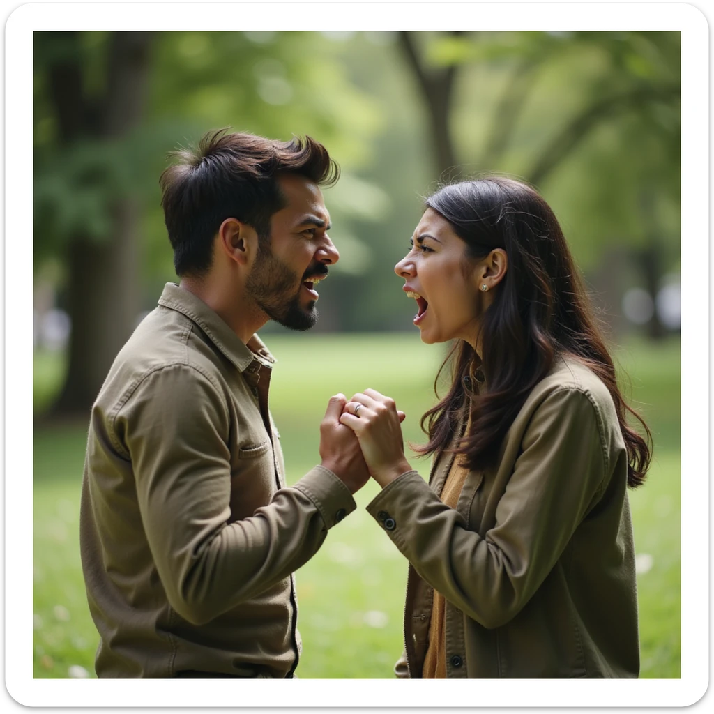 Couple arguing animatedly in a park, angry and frustrated expressions, green environment, hyperrealistic details, 4K resolution sticker