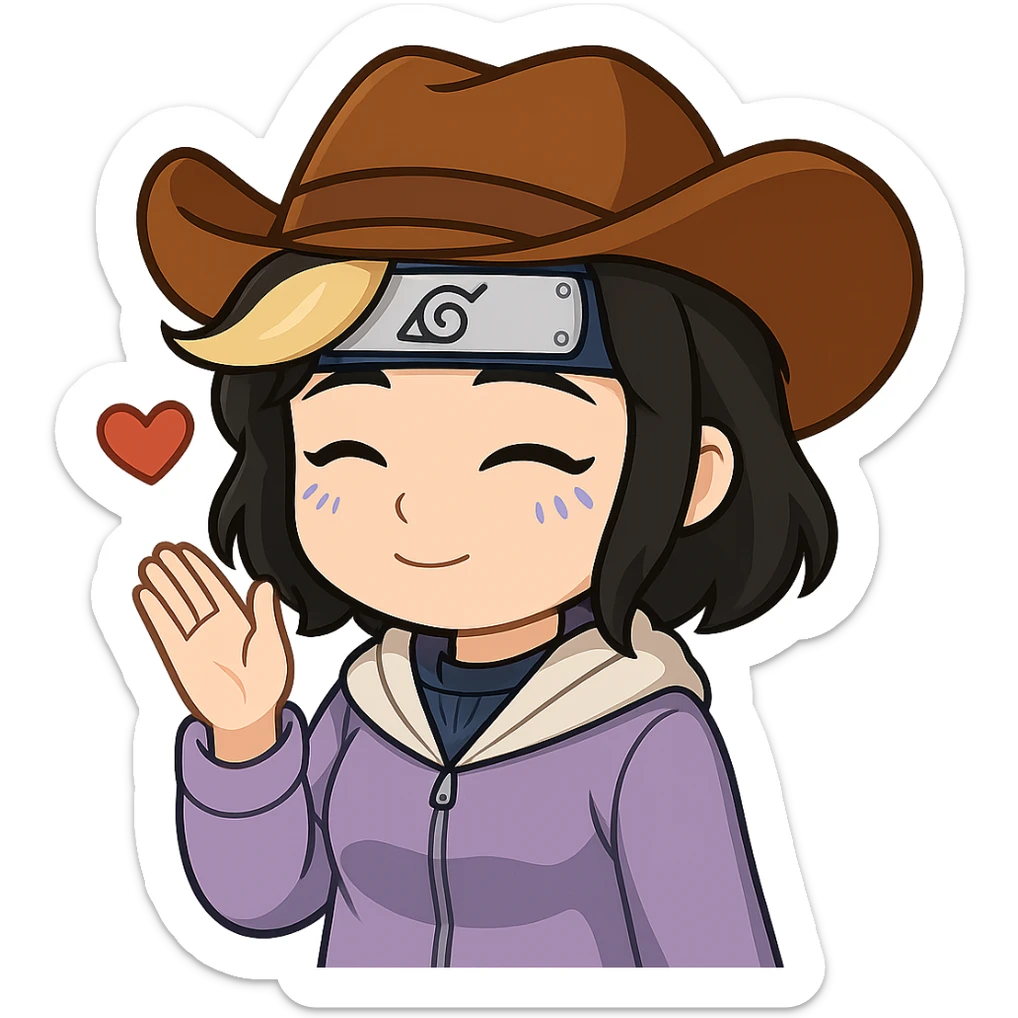 Edit the chibi cowgirl with short hair and a blonde streak to cosplay as Hinata from Naruto. Add Hinata's signature lavender jacket, blue ninja headband, and a gentle expression. Keep the chibi/anime style, cowboy hat, and no guns. Maintain a transparent background. Sized for Twitch or Discord use. sticker