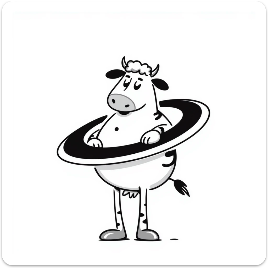 a cow with the body of the planet Saturn with visible rings and gigantic human feet, illustrative style sticker