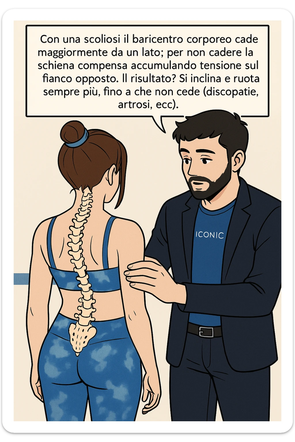 fai questa immagine in versione manga/webtoon a colori, il manga mostra la donna di spalle, mentre l'uomo le tocca la spina dorsale per spiegarle come funziona la scoliosi:
Con una scoliosi il baricentro corporeo cade maggiormente da un lato; per non cadere la schiena compensa accumulando tensione sul fianco opposto.
Il risultato? Si inclina e ruota sempre più, fino a che non cede (discopatie, artrosi, ecc) sticker