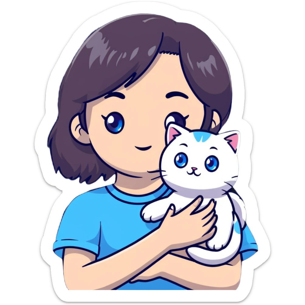 Cute Asian girl cradling a ragdoll cat with blue eyes and light colored fur with darker points sticker
