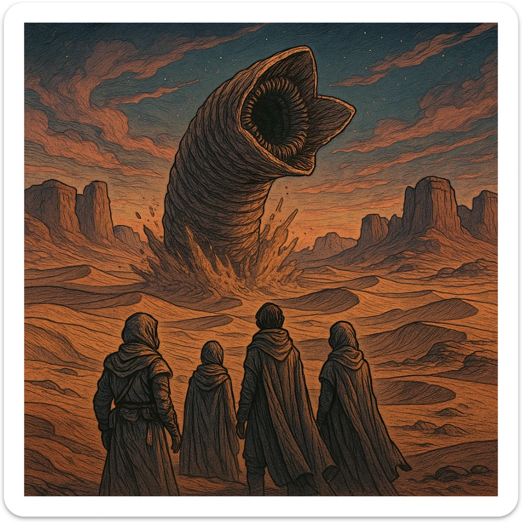 Arrakis planet from Dune, with a sandworm bursting out of the ground in the midground, three people standing in the foreground, rock formations in the background, and a dusk sky, in a detailed illustrative style sticker