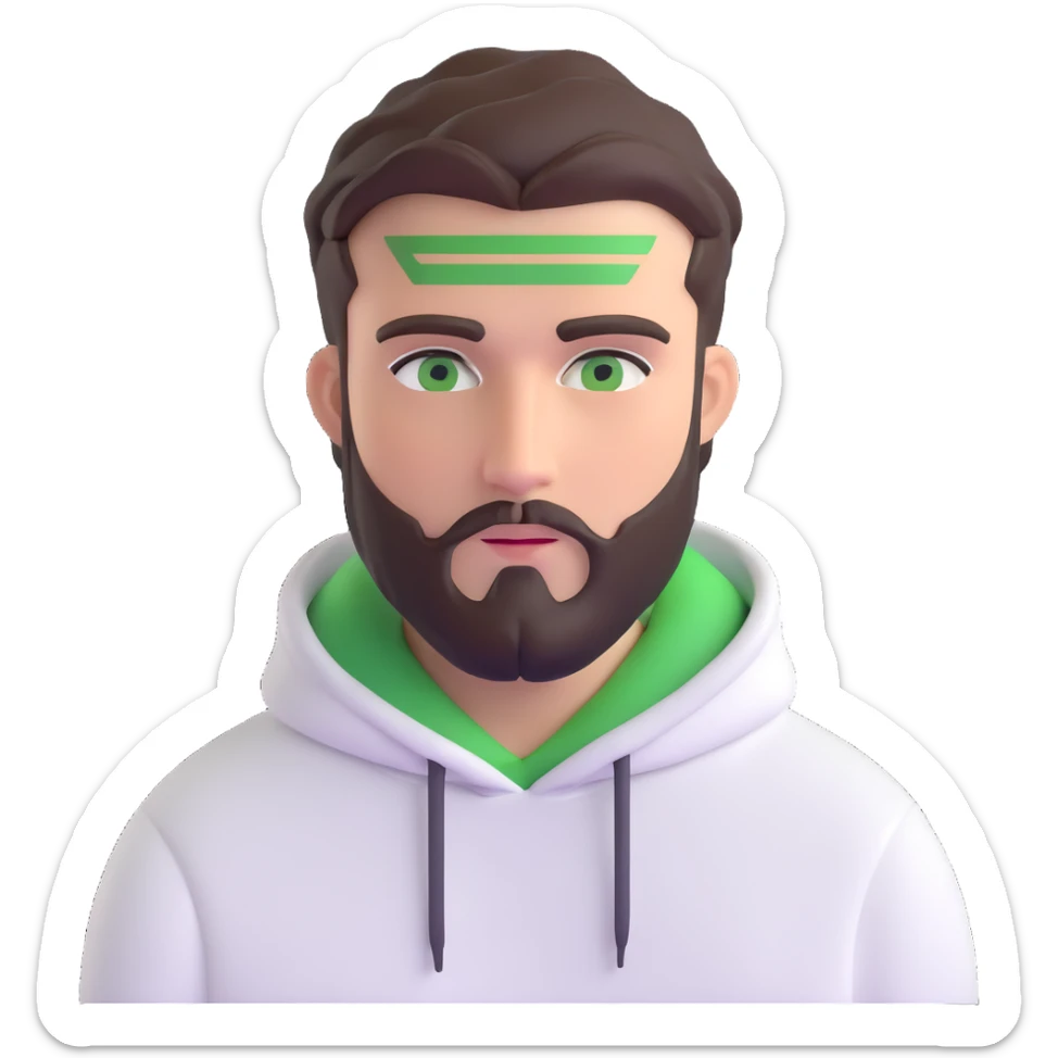 man with short full beard, dark brown undercut hairstyle, white hoodie, and green eyes sticker