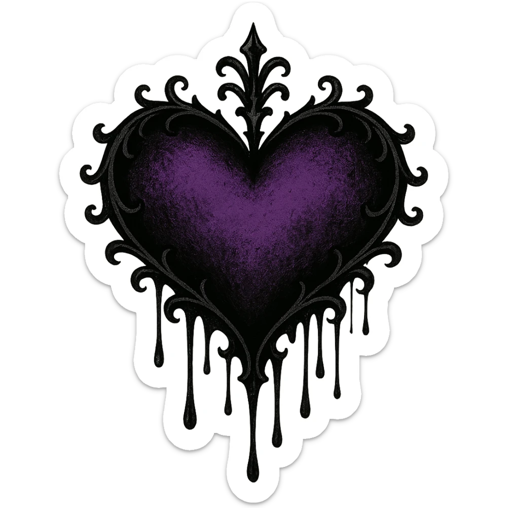 gothic style heart with dripping black ink, black and purple colors, transparent background sticker
