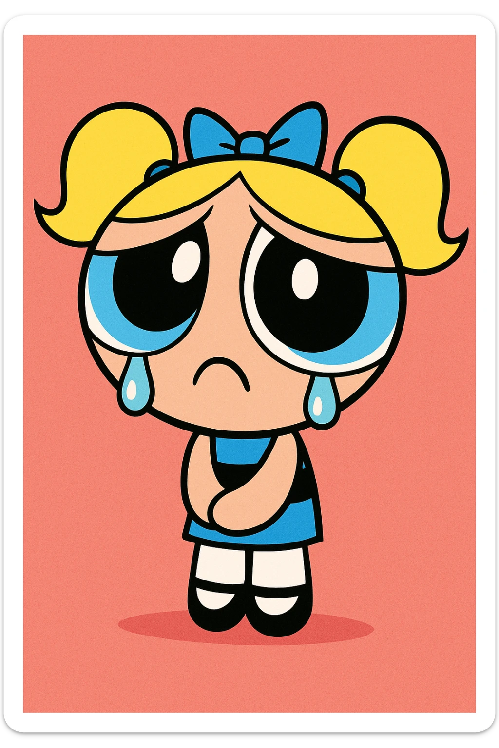 Powerpuff Girls character with a sad emotion, cartoon style, vibrant colors sticker