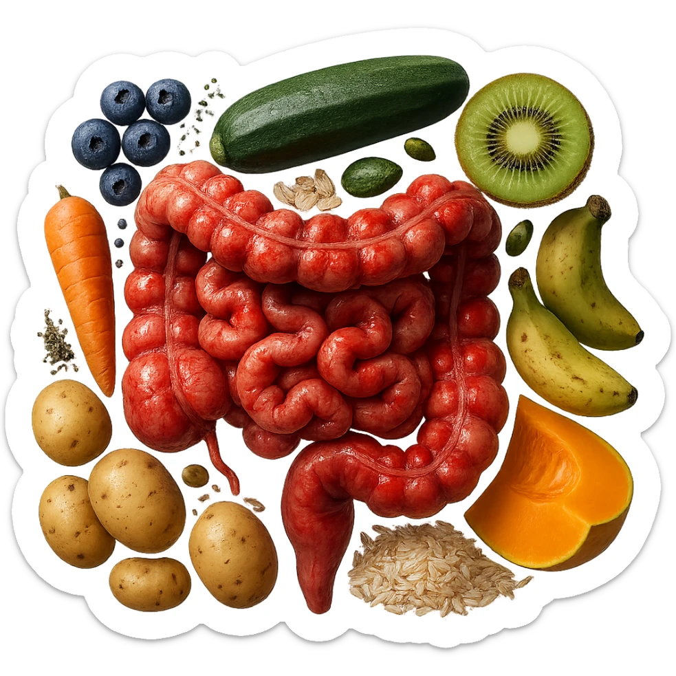 intestino umano anatomico infiammato con carota, fiocchi di avena, zucchine, kiwi, mirtilli, semi di chia, patate, banane acerbe, zucca, riso che gli fluttuano dietro, iperrealistico 4k sticker