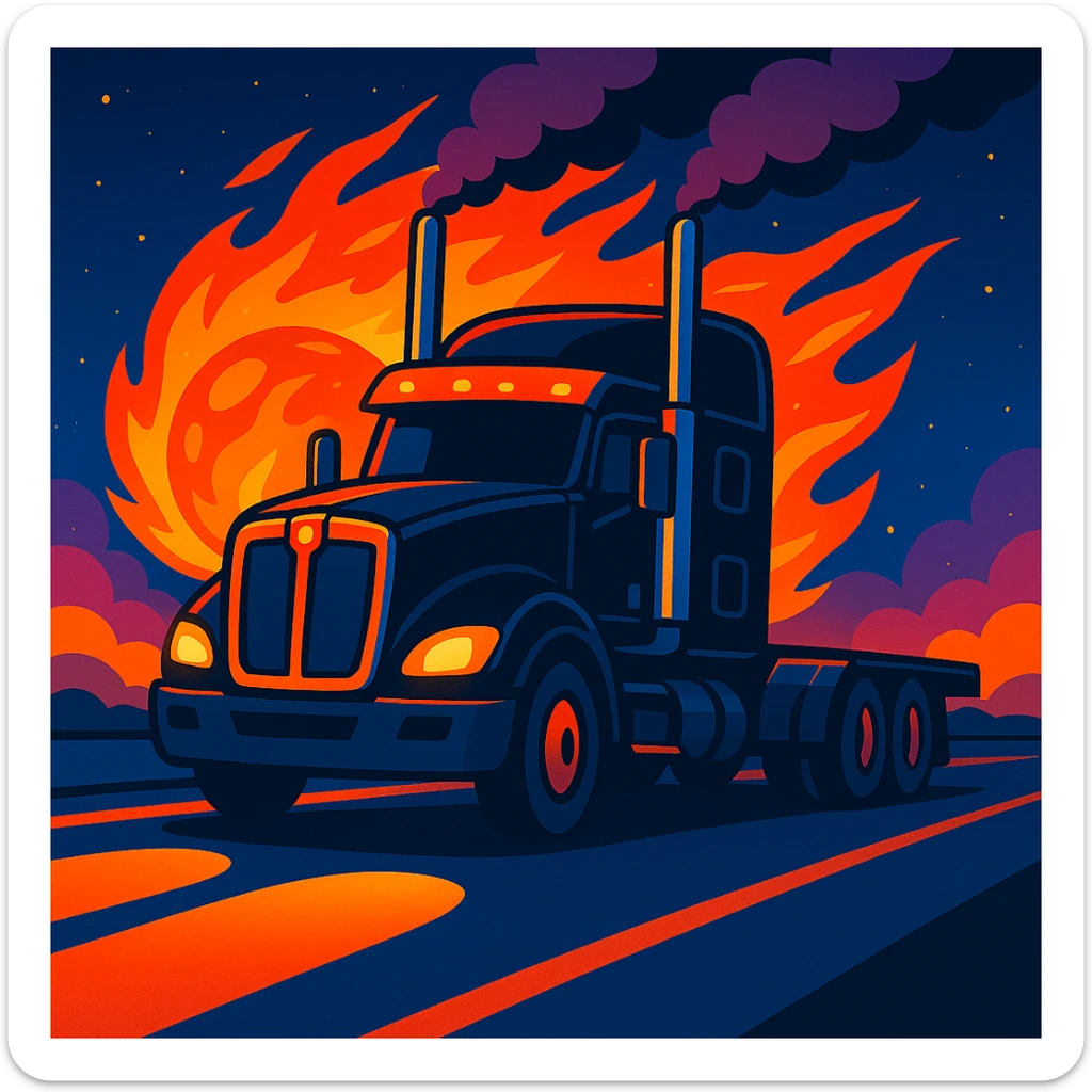 Add a big, colorful cartoon fireball behind the black Kenworth T680 Flat Top semi truck on the nighttime highway, keeping the energetic cartoon style and smoke from the stacks. sticker