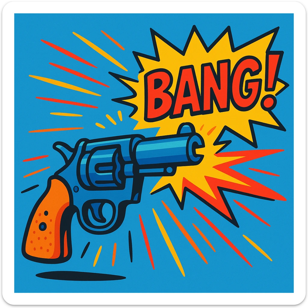 cartoon-style revolver firing with comic-style 'BANG' text popping out from the barrel instead of a bullet, vibrant toon style, bright colors, exaggerated motion lines sticker