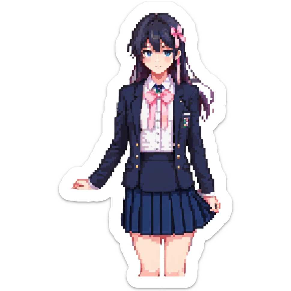 Japanese anime schoolgirl in a navy blazer, white blouse with pink ribbon, navy pleated skirt, standing in a classroom at sunset with orange glow and long shadows, one desk pulled out, black shoes, looking toward window, mood of absence and longing sticker
