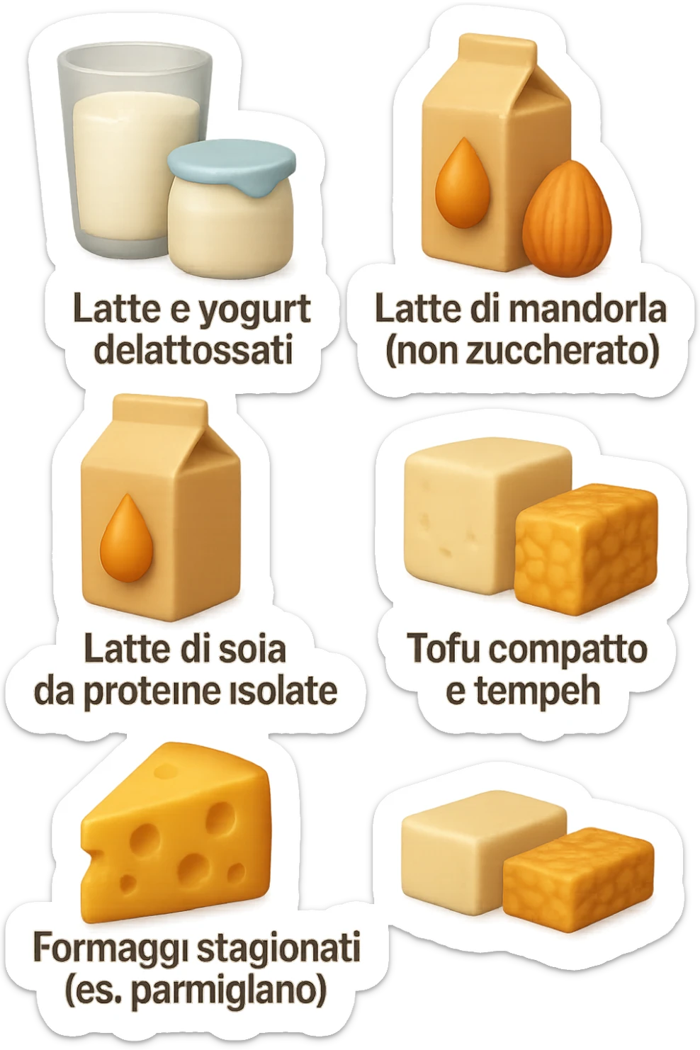 emoji stile iphone 3d di questi elementi che fluttuano in aria:

Latte e yogurt delattosati
Latte di mandorla (non zuccherato)
Latte di soia da proteine isolate
Formaggi stagionati (es. parmigiano)
Tofu compatto e tempeh
 che fluttuano in aria,  le etichette scrivile in italiano, iperealistico 4k sticker