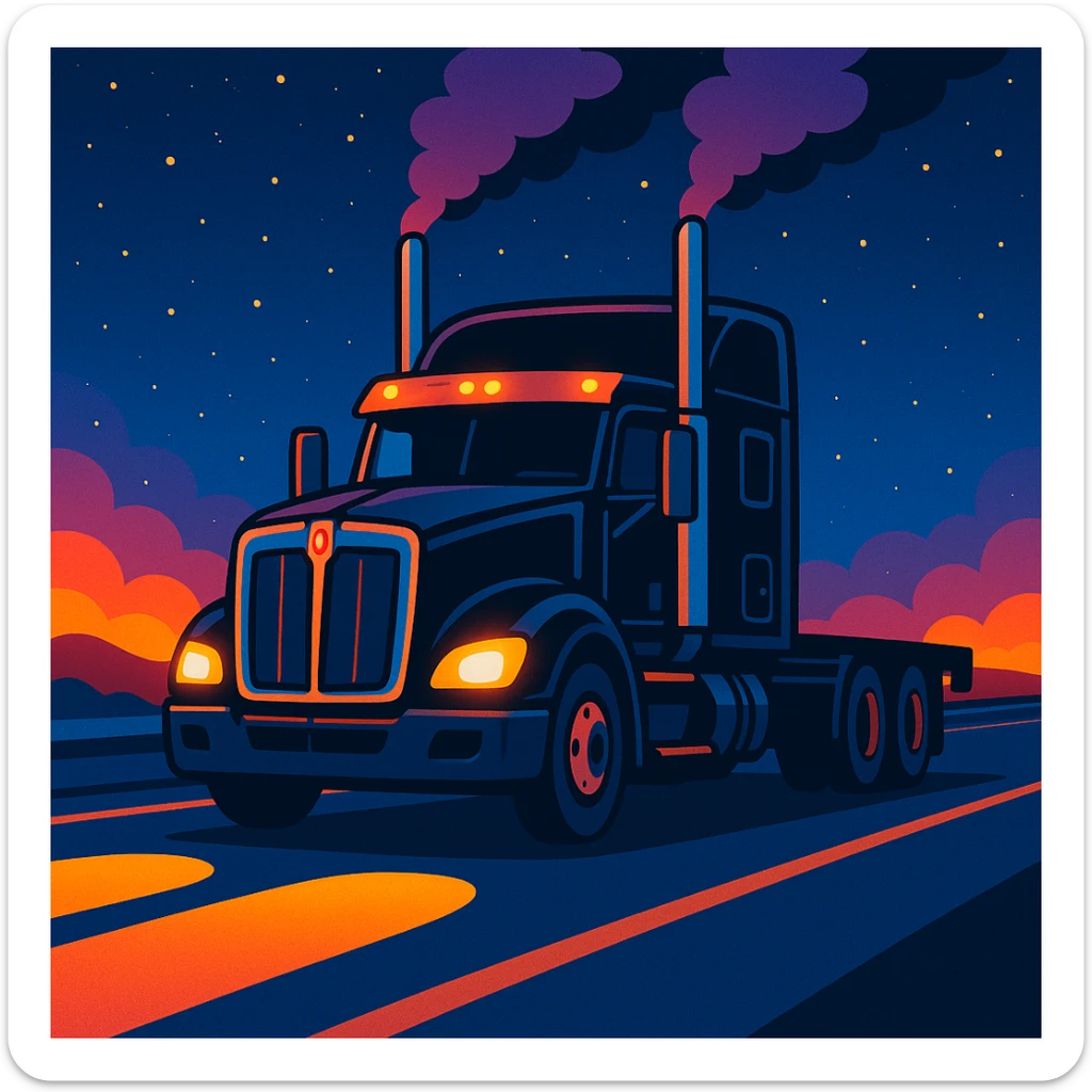 cartoon illustration black Kenworth T680 Flat Top semi truck on nighttime highway, smoke billowing from stacks, glowing headlights, starry sky, energetic and colorful sticker