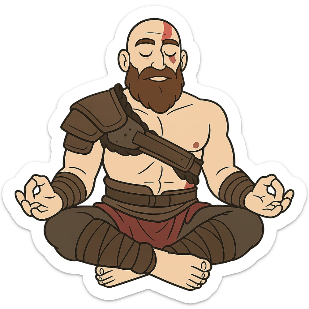 Kratos, God of War, meditating with a serene face, cartoon style sticker