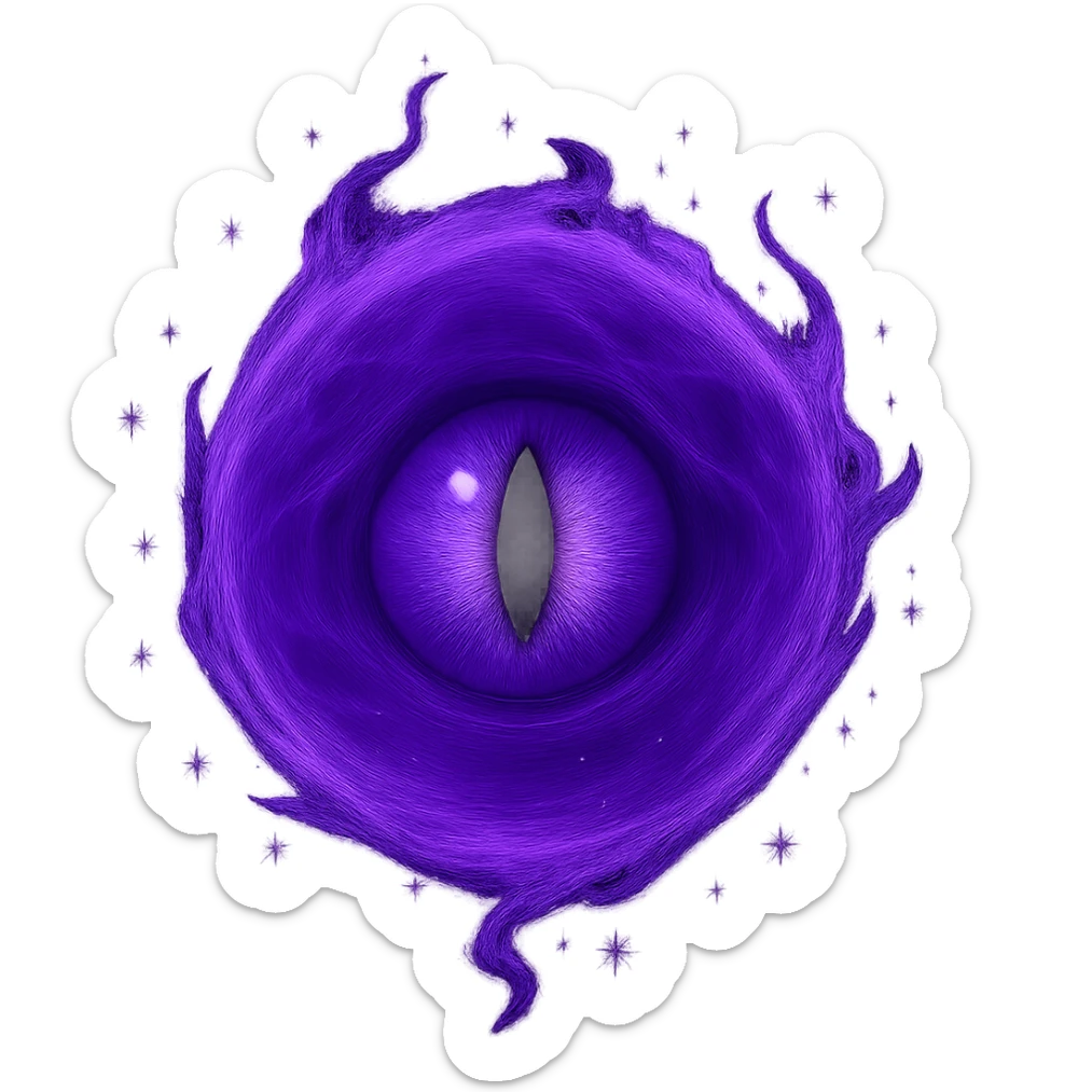 Change the green energy orb to a glowing purple energy orb with a prominent eye in the center, magical and mysterious, no background. Emphasize the glowing purple color and the mystical eye at the center, radiating magical energy. sticker