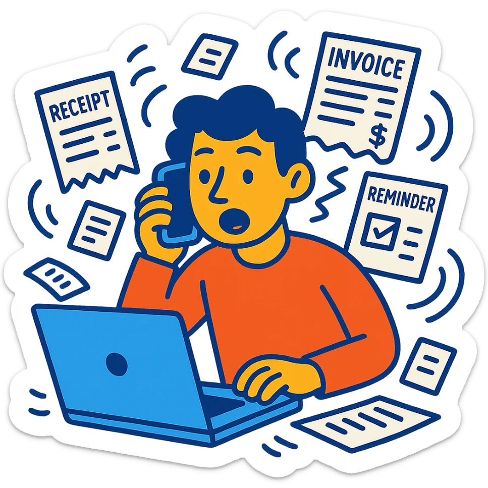 person holding a phone in one hand, laptop open in front, storm of receipts, invoices, and reminders swirling around, multitasking chaos sticker