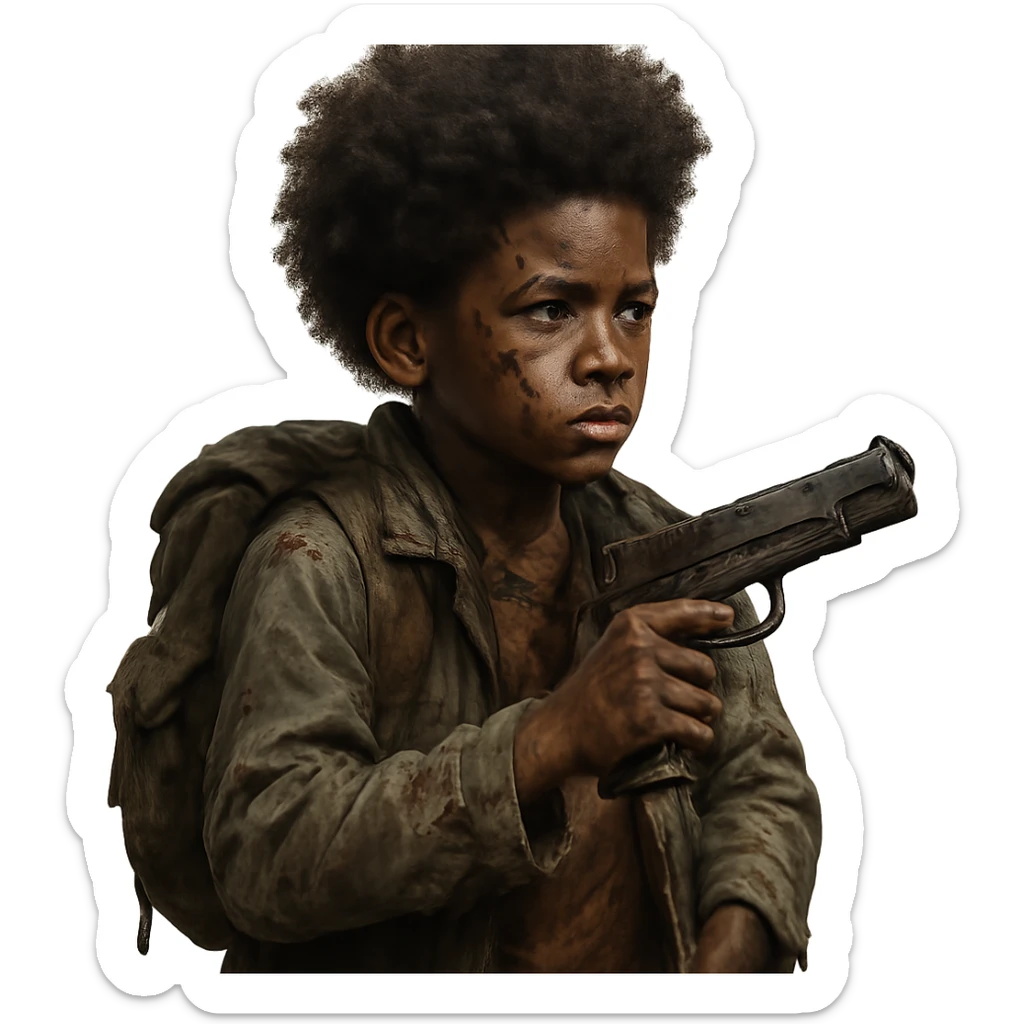 African American boy with an Afro, styled for a zombie apocalypse, holding a gun, backpack behind his back, scar on his face sticker